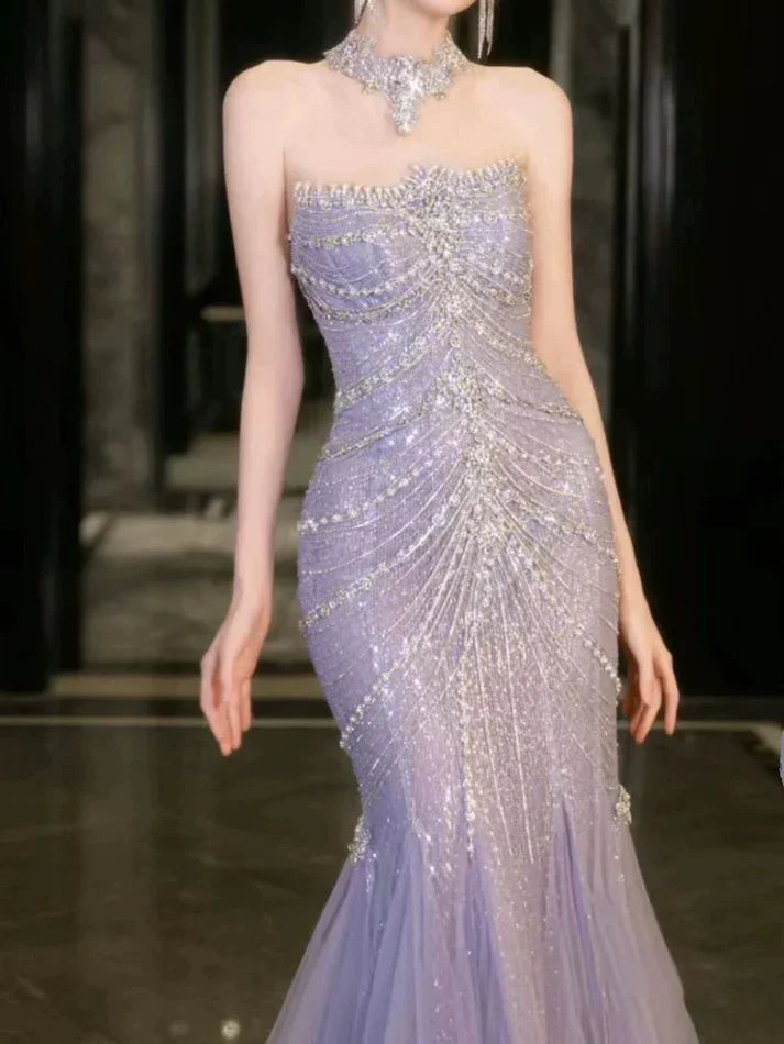 Splendido Abito da Sera a Sirena in Tulle Lilla con Perline per Matrimonio e Ballo Y8057