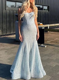Splendido Abito da Sera Sirena con Paillettes e Perline, Spalline Blu, Abito da Ballo Y8444