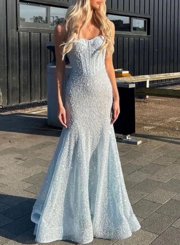 Splendido Abito da Sera Sirena con Paillettes e Perline, Spalline Blu, Abito da Ballo Y8444