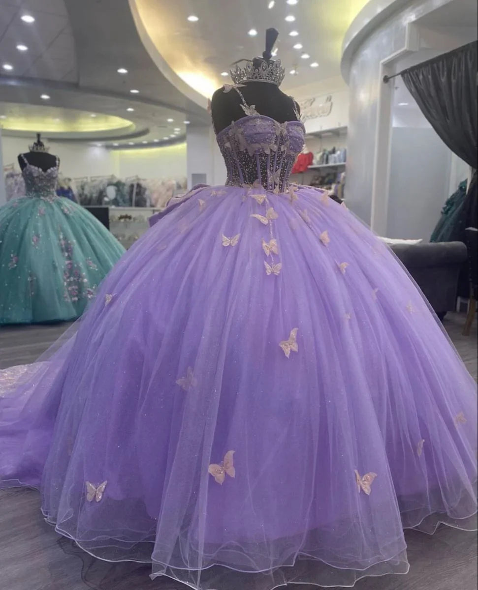 Robe boule en tulle violet avec papillons, robe de seize ans, robe de princesse violette Y2270