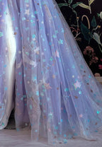 Bellissimo vestito in tulle lilla chiaro Vestito floreale Vestito con scollo a cuore e spalle scoperte Vestiti da sera a linea ad A con spacco Vestito lungo con applicazioni a stella Y932
