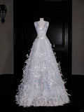 Vestido de Festa com Decote em V, Tule, Contas e Penas, Corte em A, Vestido de Noite Y8682