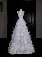 Vestido de Festa com Decote em V, Tule, Contas e Penas, Corte em A, Vestido de Noite Y8682
