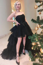 Robe de bal en tulle noire à ourlet haut-bas Robe de soirée formelle en tulle noire à ourlet haut-bas Y4893