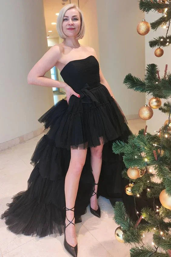 Robe de bal en tulle noire à ourlet haut-bas Robe de soirée formelle en tulle noire à ourlet haut-bas Y4893