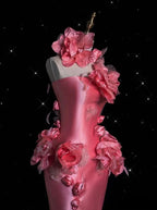 Vestido de Baile Longo de Sereia com Flores 3D em Cetim Rosa Bonito Y8339
