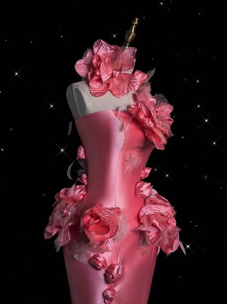 Vestido de Baile Longo de Sereia com Flores 3D em Cetim Rosa Bonito Y8339