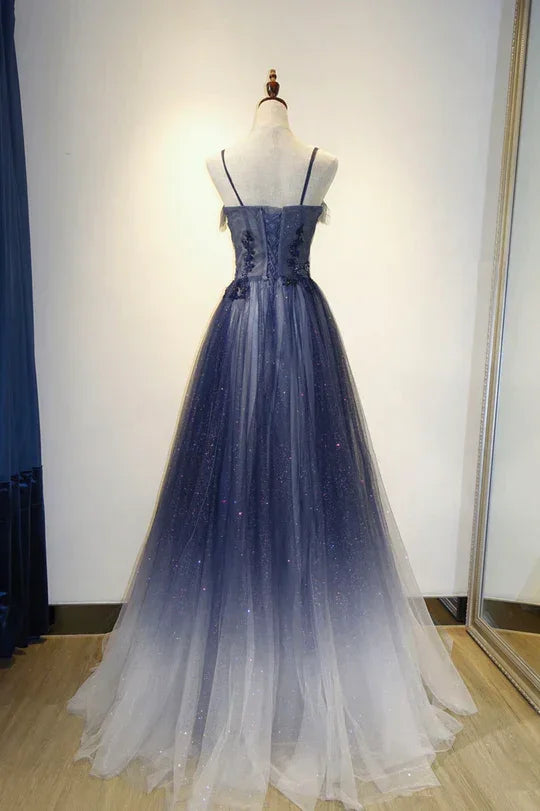 Vestido longo de noite elegante com alças de tule em degradé, vestido de baile em tule corte em A Y1807