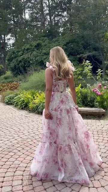 Abito da sera a linea A con stampa di rose in chiffon grazioso Y8498