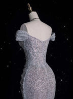 Vestido largo de noche y baile con lentejuelas y cuentas, tul lila brillante, estilo sirena, con escote barco Y8054