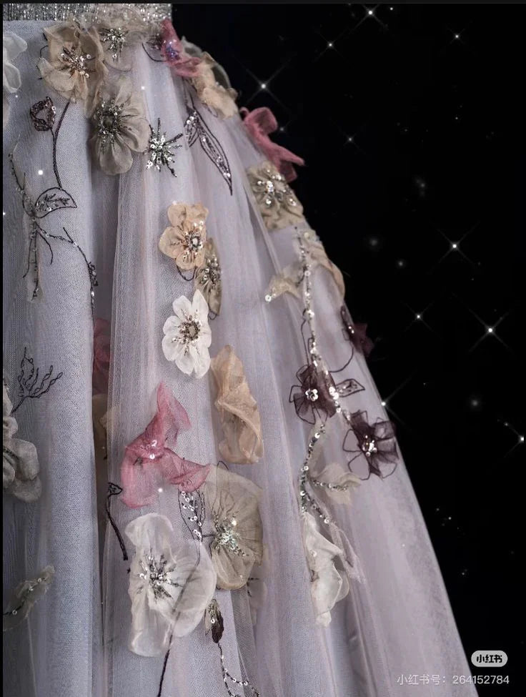 Charmantes graues Ballkleid mit V-Ausschnitt, Tüll und Blumenmuster, langes Abendkleid, Abschlussballkleid Y7953