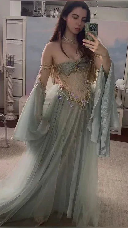 Vestido de noite elegante com aplicações de tule ombro a ombro, corte em linha A, vestido longo de baile Y8184