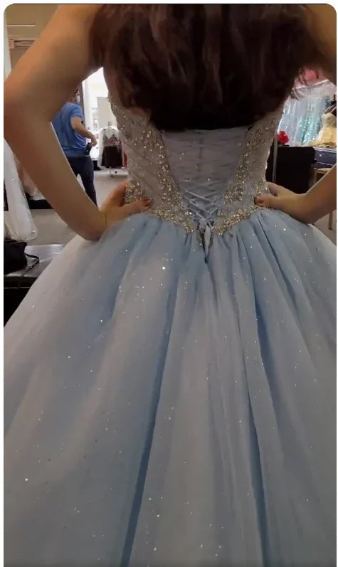 Corsetto azzurro glitterato con perline, abito da ballo azzurro chiaro per ragazza dolce con perline Y774