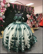 Abito da ballo verde con spalle scoperte, fiori 3D, perline e applicazioni, abito dolce 15 16 per festa di quindici anni e ballo di fine anno Y292