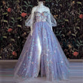 Bellissimo vestito in tulle lilla chiaro Vestito floreale Vestito con scollo a cuore e spalle scoperte Vestiti da sera a linea ad A con spacco Vestito lungo con applicazioni a stella Y932