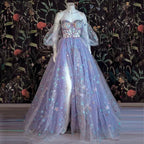 Bellissimo vestito in tulle lilla chiaro Vestito floreale Vestito con scollo a cuore e spalle scoperte Vestiti da sera a linea ad A con spacco Vestito lungo con applicazioni a stella Y932
