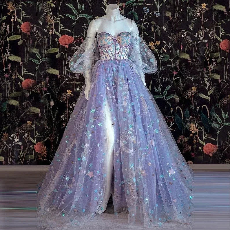 Vestido Bonito de Tule Roxo Claro Vestido Floral Vestido com Decote Coração e Ombros Descobertos Vestidos de Noite em Linha A com Fenda Vestido Longo com Aplicação de Estrelas Y932
