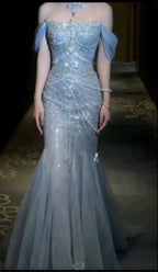 Vestido de Noiva Deslumbrante em Tule Azul com Contas, Vestido de Baile de Finalistas, Ombros Descobertos, Modelo Sereia, Vestido de Festa Y8058