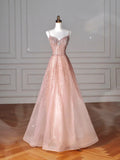 Abito da sera rosa con paillettes e perline in tulle, spalline sottili, linea a trapezio, modello Y8619