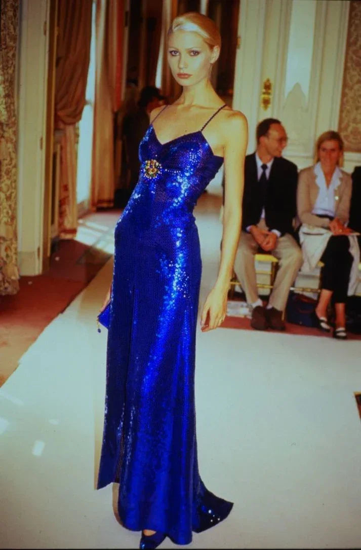 Abito lungo da sera con spalline sottili alla moda, paillettes blu reale, abito da ballo Y8206
