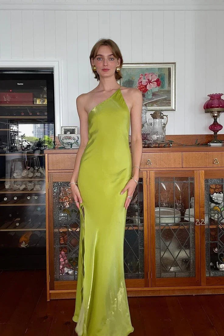 Abito lungo elegante verde a guaina con una spalla, da festa, con spacco e schiena scoperta, abito da sera Y8550