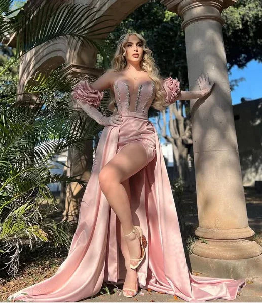 Vestido de Festa Rosa Cetim Brilhante com Contas, Fenda de Sereia, Vestido de Noite com Luvas Y8534