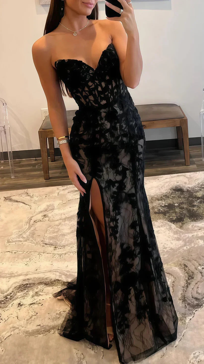 Vestido de noche negro sexy sin tirantes con escote corazón, encaje, abertura, corte sirena para fiesta Y8017