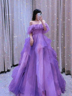 Abito da sera viola in tulle a linea ad A con spalle scoperte Abito da principessa Y5627