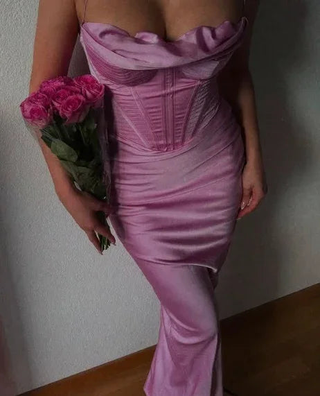 Simple Spaghetti Straps Lavender Satin Evening Dress Sheath Party Prom Dress Y8094