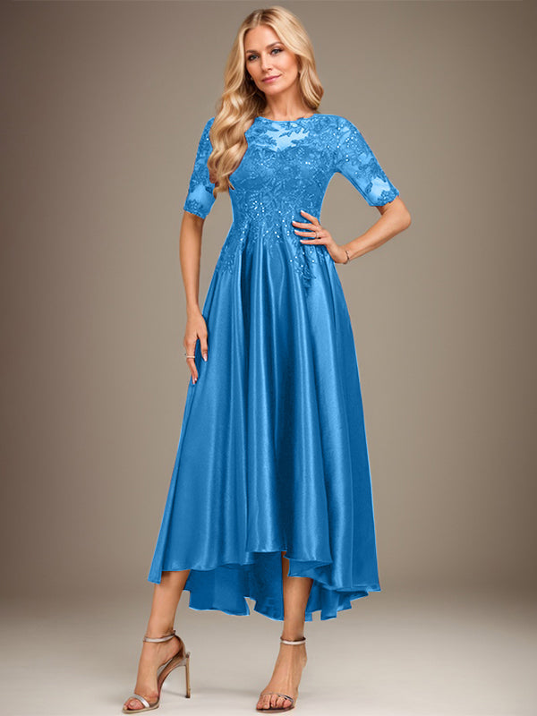 A-Linie, U-Ausschnitt, Illusion, asymmetrisch, Stretch-Satin, Spitze, Kleid für die Brautmutter mit Pailletten 