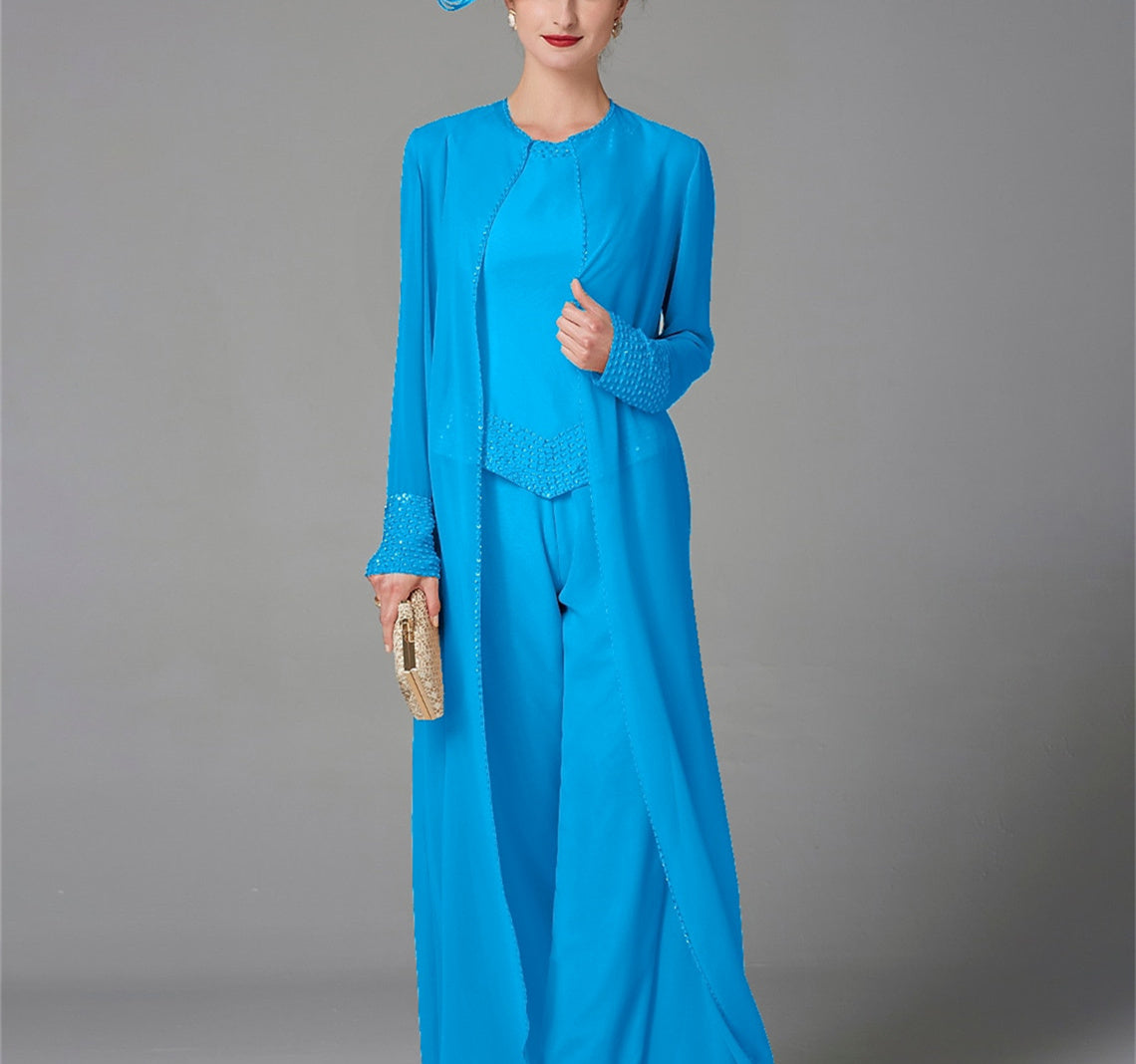 Mother Of The Bride Pantsuit With Jacket And Sequins Long Sleeve Chiffon