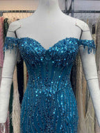 Ocean Blue Off The Shoulder Sequin Long Prom Dress With Beaded Cap Sleeves