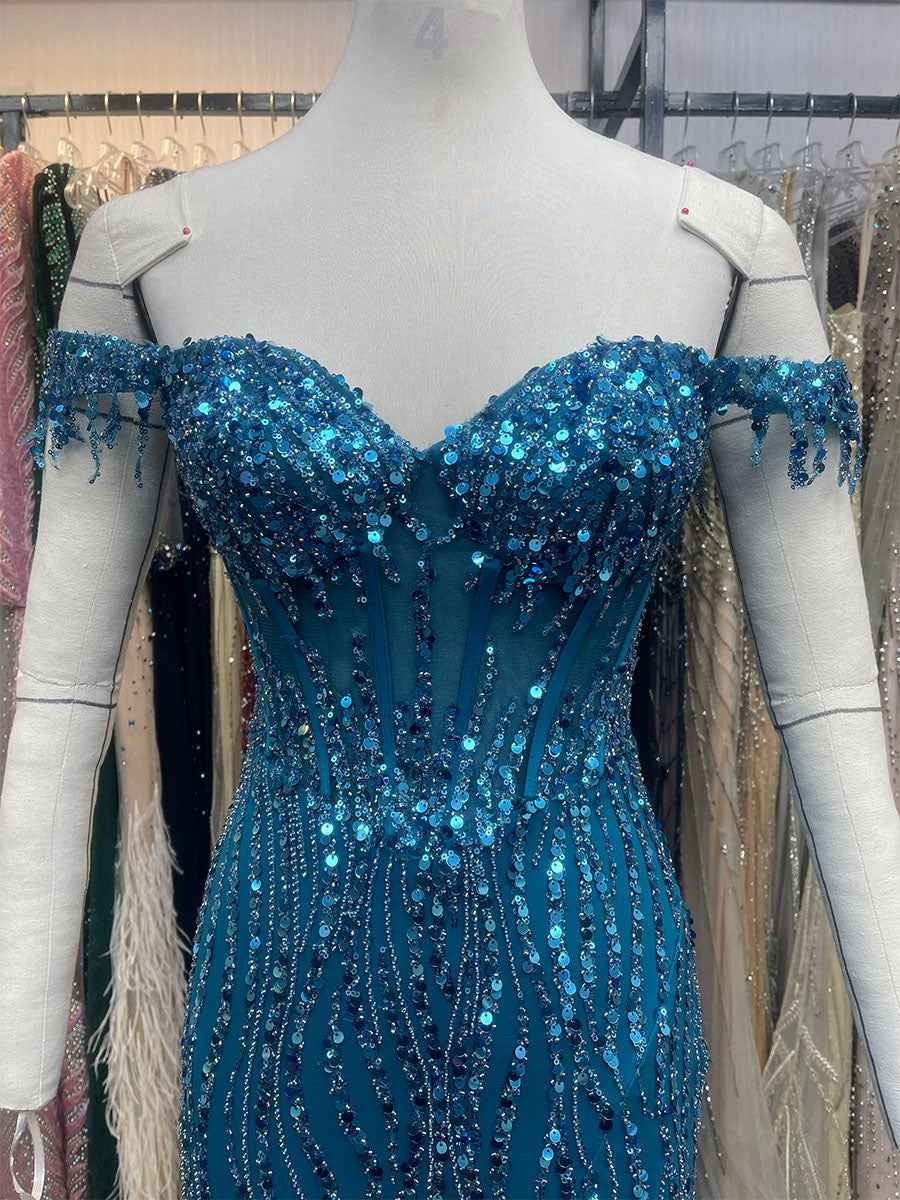 Ocean Blue Off The Shoulder Sequin Long Prom Dress With Beaded Cap Sleeves