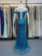 Ocean Blue Off The Shoulder Sequin Long Prom Dress With Beaded Cap Sleeves