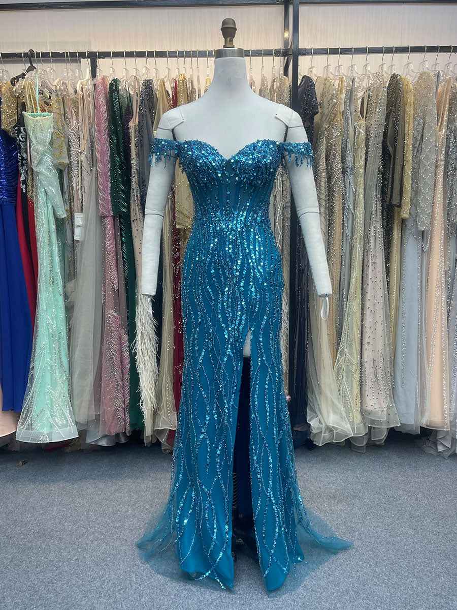 Ocean Blue Off The Shoulder Sequin Long Prom Dress With Beaded Cap Sleeves