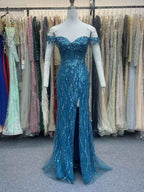 Ocean Blue Off The Shoulder Sequin Long Prom Dress With Beaded Cap Sleeves