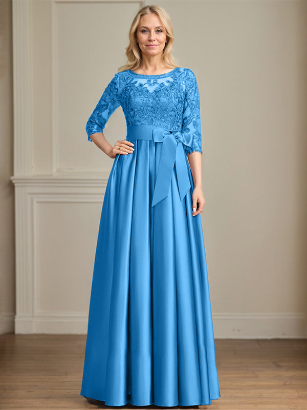 A-Linie, U-Ausschnitt, Illusion, bodenlanges Satin-Spitzenkleid für die Brautmutter mit Paillettenschleife 