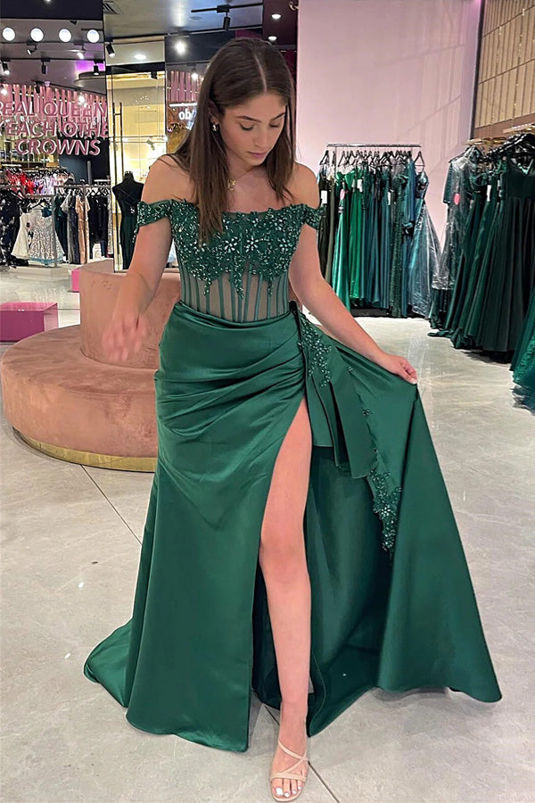 Vestido de fiesta largo con hombros descubiertos, estilo sirena, floral y abertura