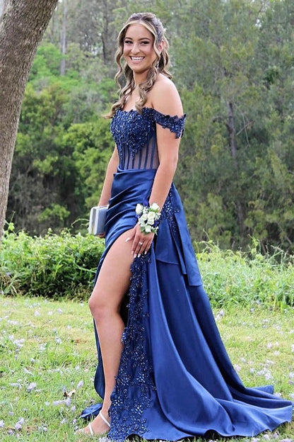 Vestido de fiesta largo con hombros descubiertos, estilo sirena, floral y abertura