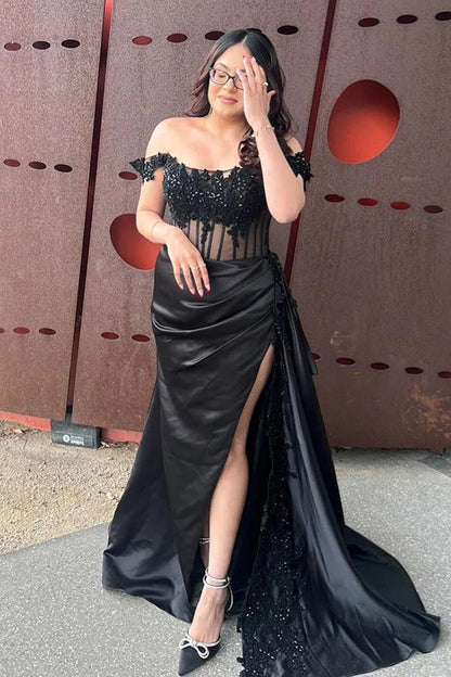 Vestido de fiesta largo con hombros descubiertos, estilo sirena, floral y abertura