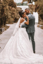 Vestido de novia blanco de corte A con hombros descubiertos, vestidos de novia románticos