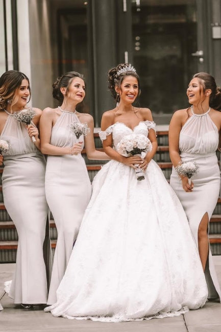 Vestido de novia blanco de corte A con hombros descubiertos, vestidos de novia románticos