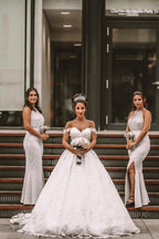Vestido de novia blanco de corte A con hombros descubiertos, vestidos de novia románticos
