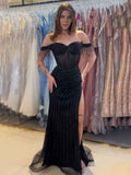 Black Beaded Off-The-Shoulder Sequin Long Prom Dress
