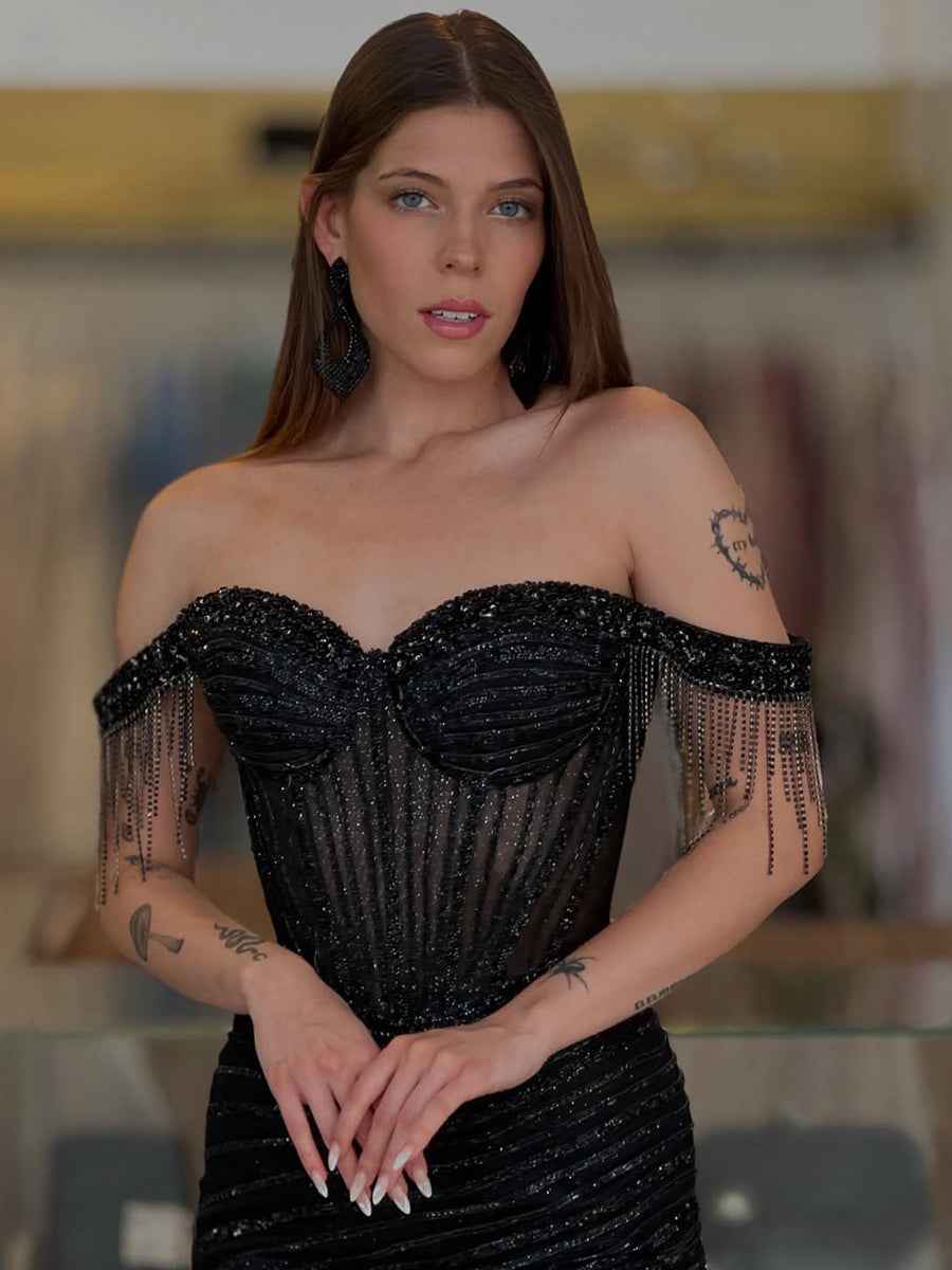 Black Beaded Off-The-Shoulder Sequin Long Prom Dress