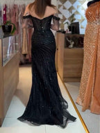 Black Beaded Off-The-Shoulder Sequin Long Prom Dress