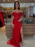 Black Beaded Off-The-Shoulder Sequin Long Prom Dress