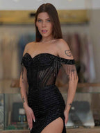 Black Beaded Off-The-Shoulder Sequin Long Prom Dress