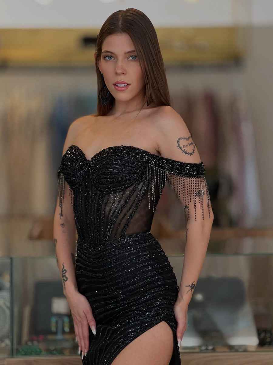 Black Beaded Off-The-Shoulder Sequin Long Prom Dress