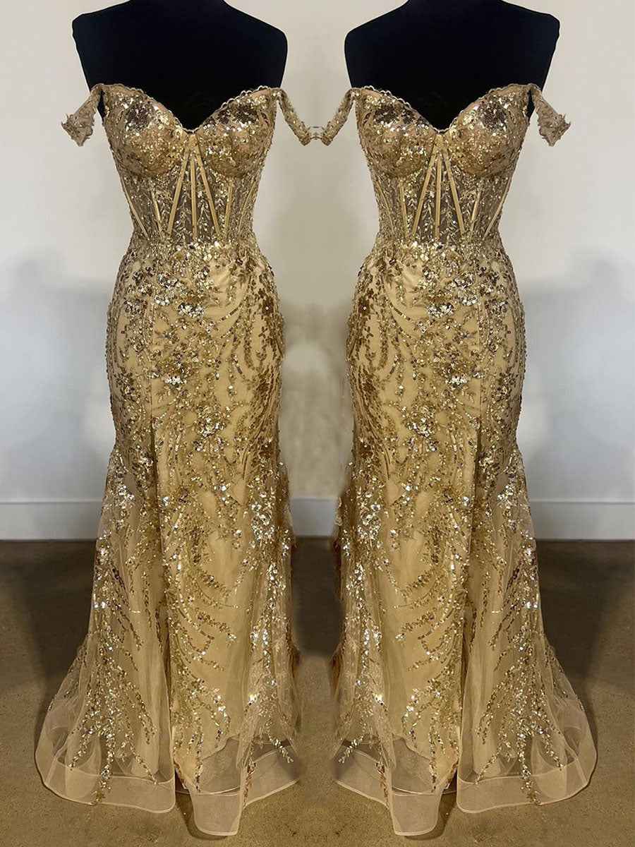 Gold Off The Shoulder Sequin Lace Mermaid Prom Dress With Slit